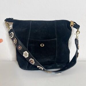 EMMA FOX 100% Leather Suede Bucket Shoulder Bag w/ Floral Appliqué Strap